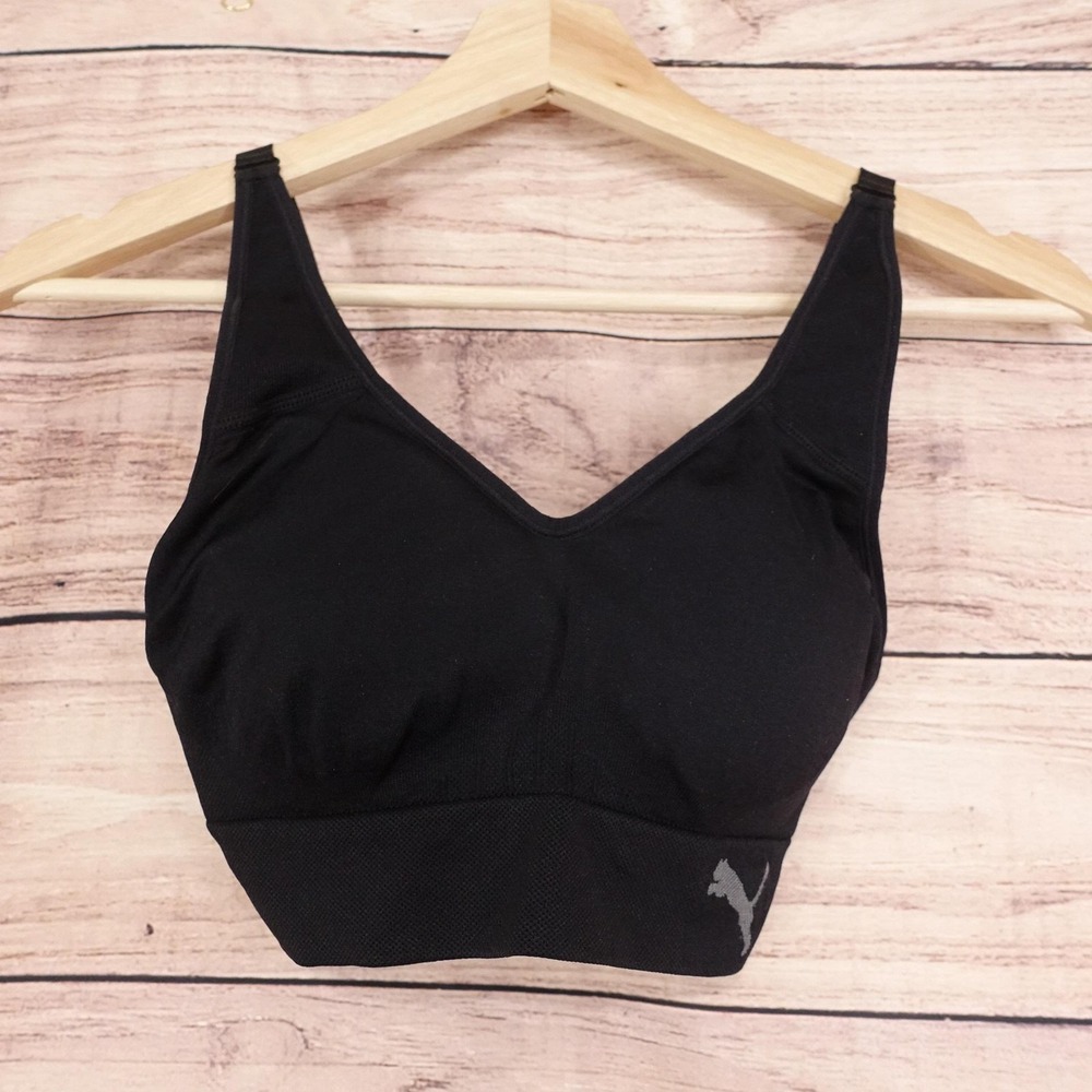 PUMA Sports Bra‎ Womens Small Black Wireless Stretch Adjustable Straps Pullover
